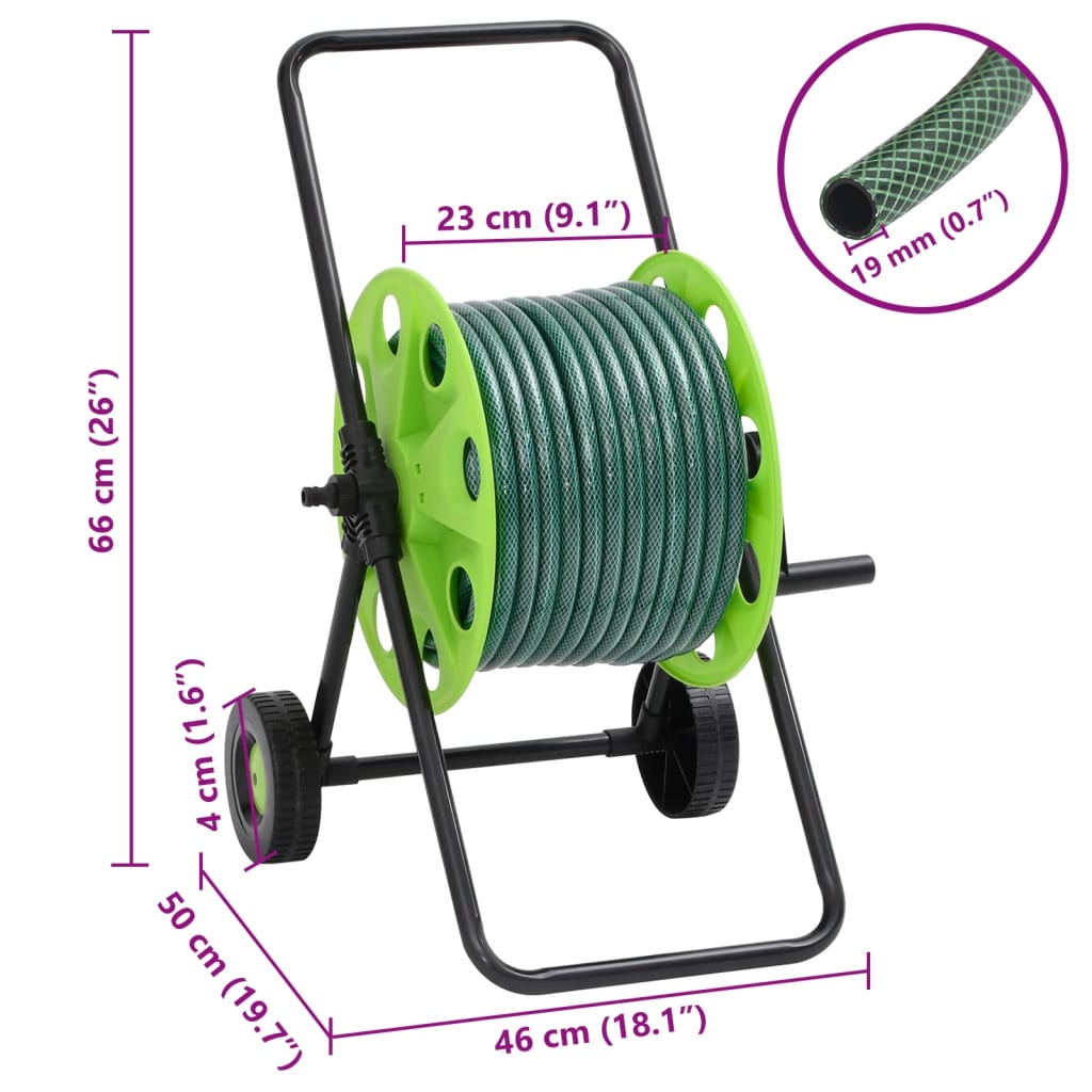 Green Hose Reel Cart with Hose Fitting Set 0.75" 30 m PVC