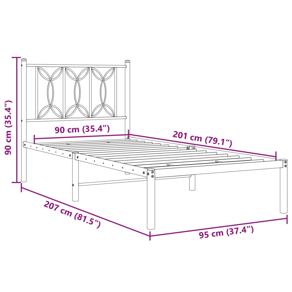 Metal Bed Frame with Headboard Black 90x200 cm