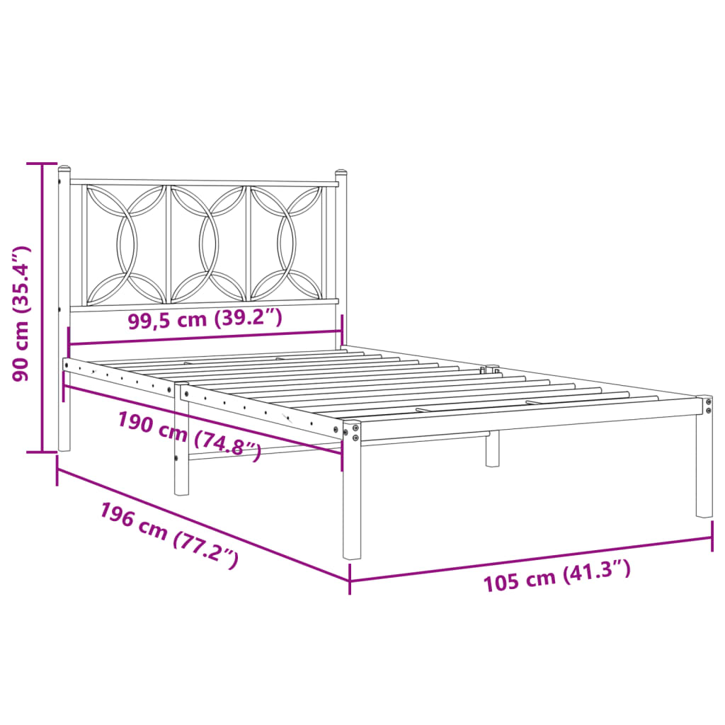 Metal Bed Frame with Headboard Black 100x190 cm