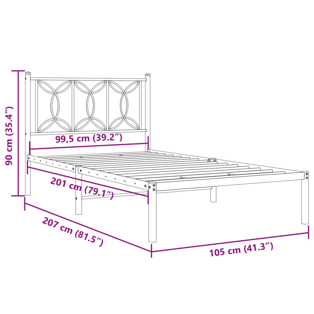 Metal Bed Frame with Headboard Black 100x200 cm