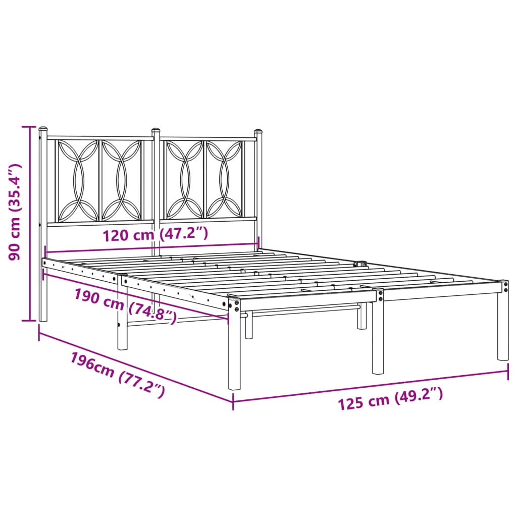 Metal Bed Frame with Headboard Black 120x190 cm Small Double