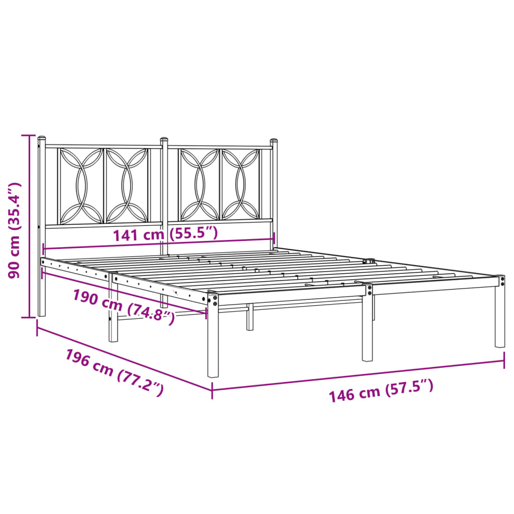 Metal Bed Frame with Headboard Black 140x190 cm