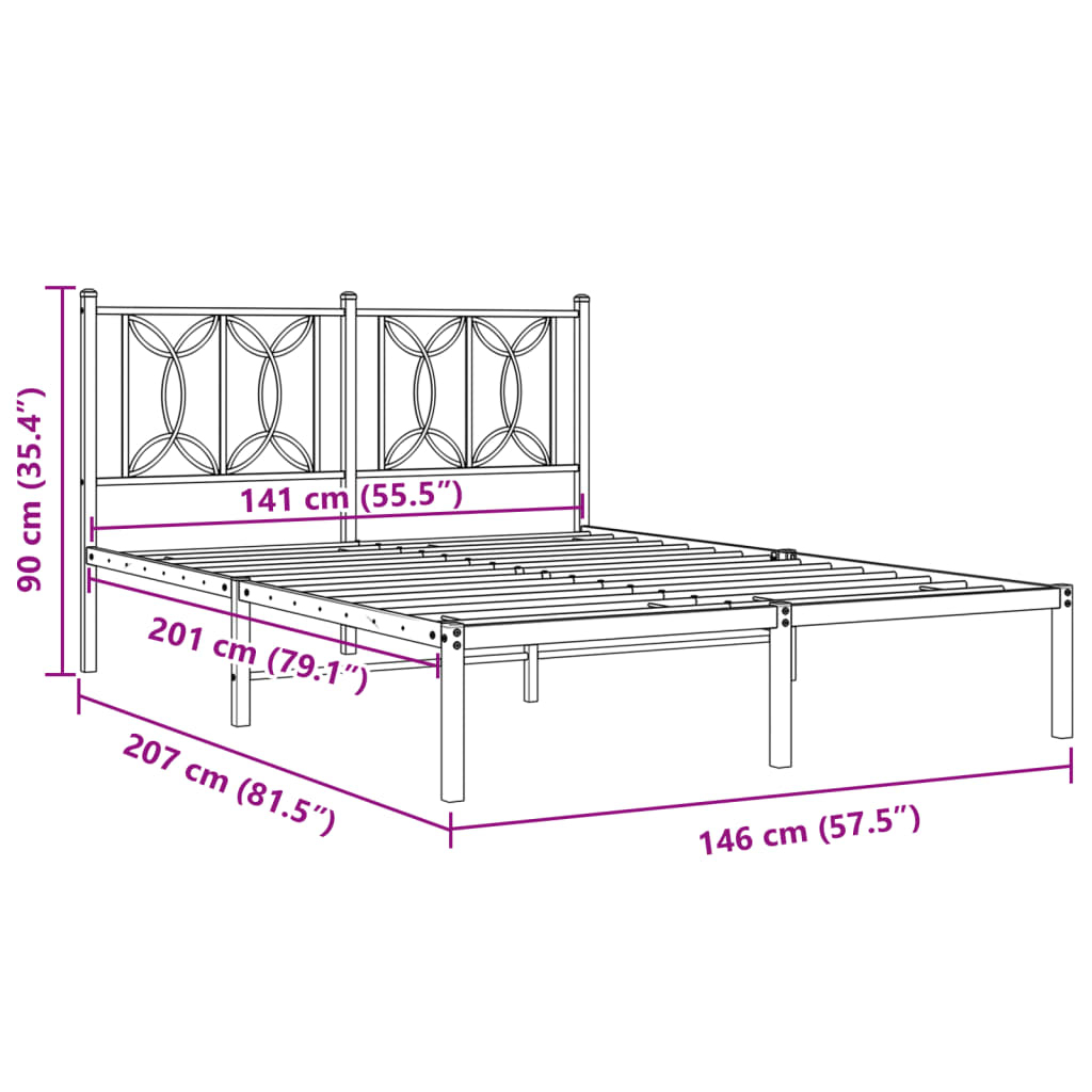 Metal Bed Frame with Headboard Black 140x200 cm