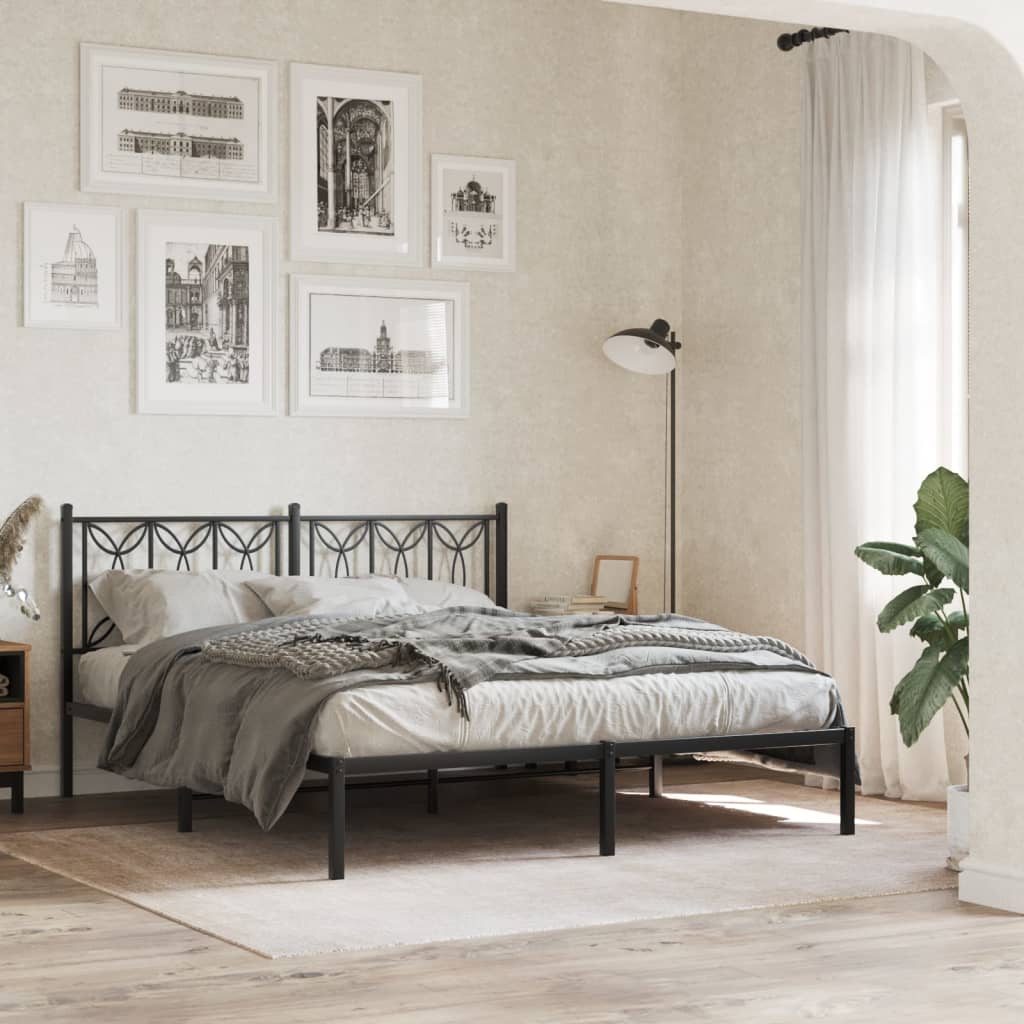 Metal Bed Frame with Headboard Black 160x200 cm