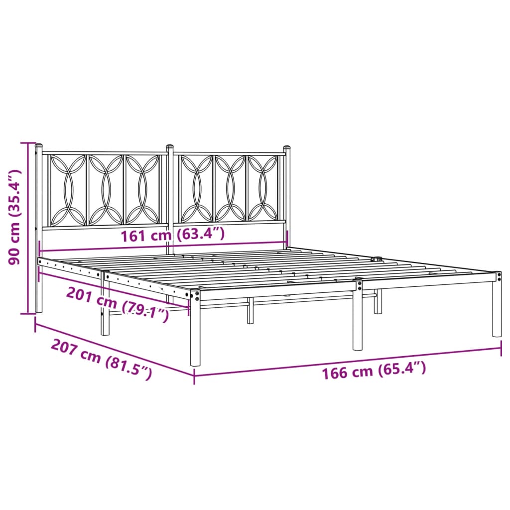 Metal Bed Frame with Headboard Black 160x200 cm