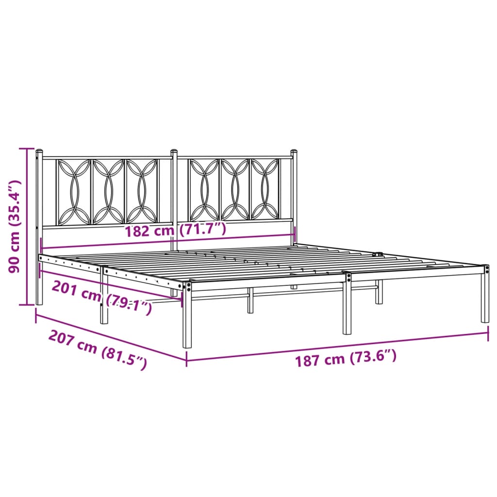 Metal Bed Frame with Headboard Black 180x200 cm Super King