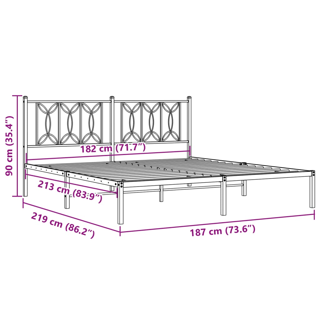 Metal Bed Frame with Headboard Black 183x213 cm