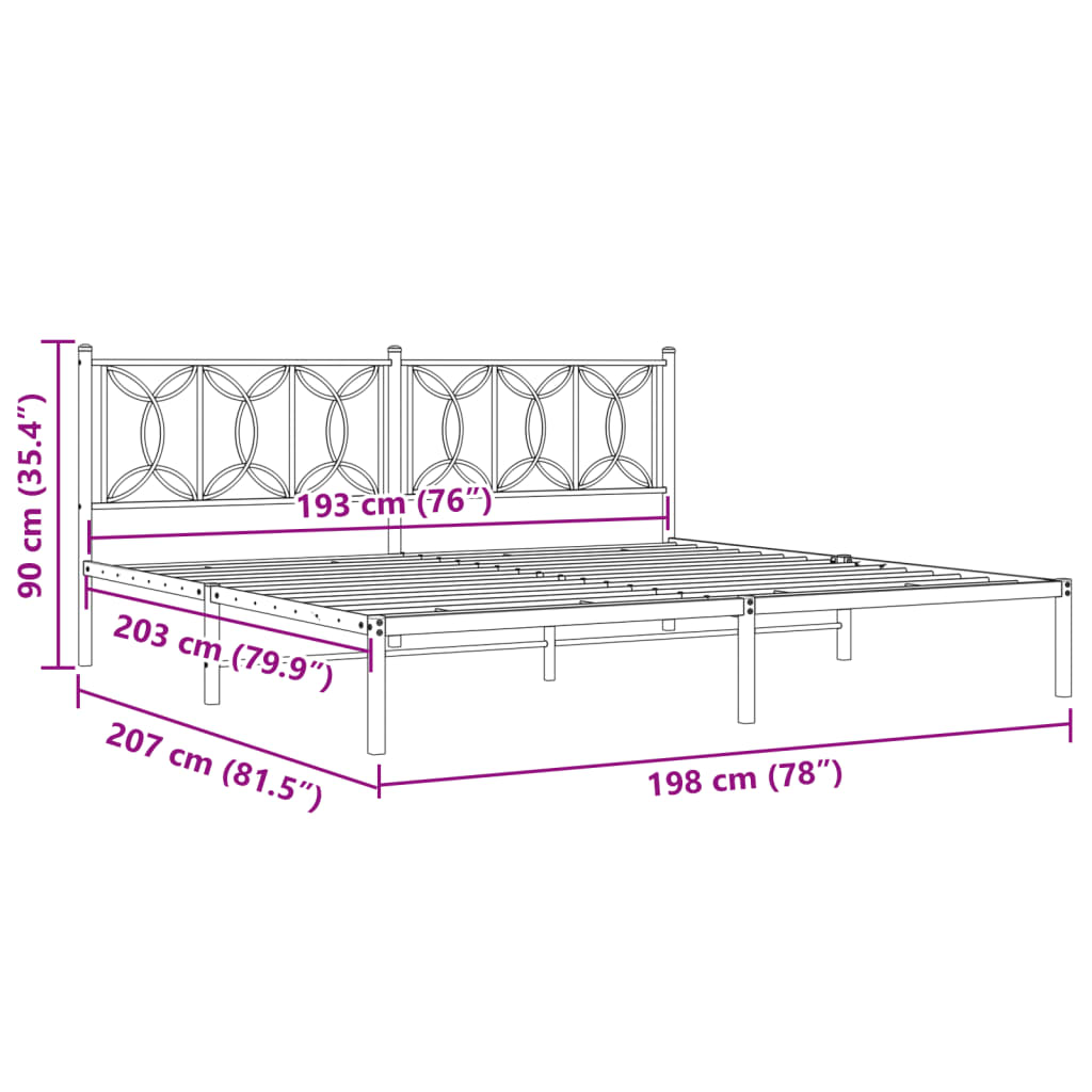 Metal Bed Frame without Mattress with Headboard Black 193x203 cm