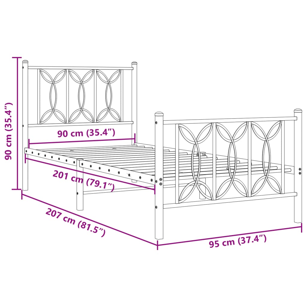 Metal Bed Frame with Headboard and Footboard Black 90x200 cm