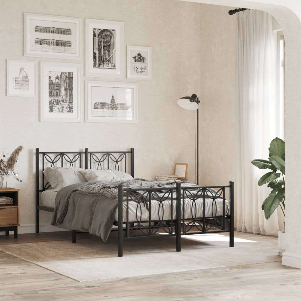 Metal Bed Frame with Headboard and Footboard Black 120x190 cm Small Double