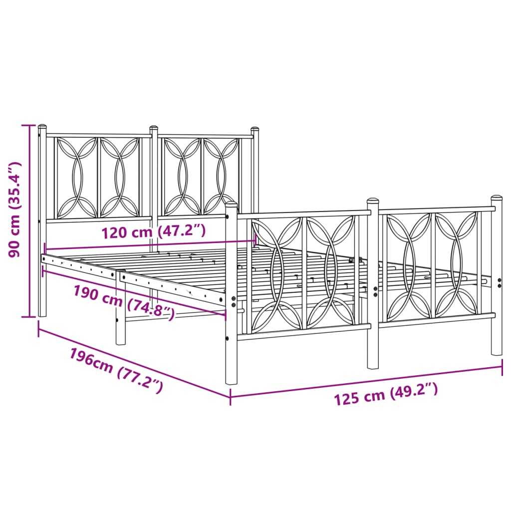 Metal Bed Frame with Headboard and Footboard Black 120x190 cm Small Double