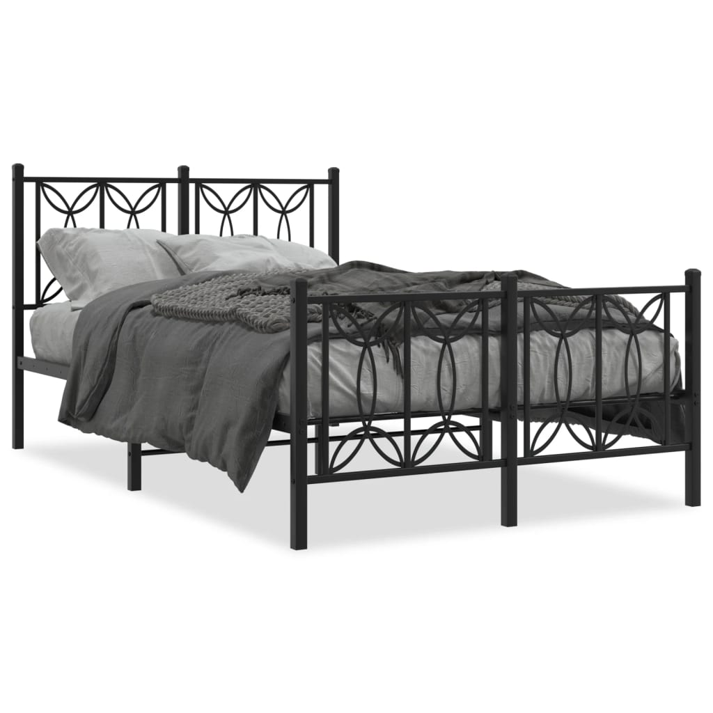 Metal Bed Frame with Headboard and Footboard Black 120x190 cm Small Double