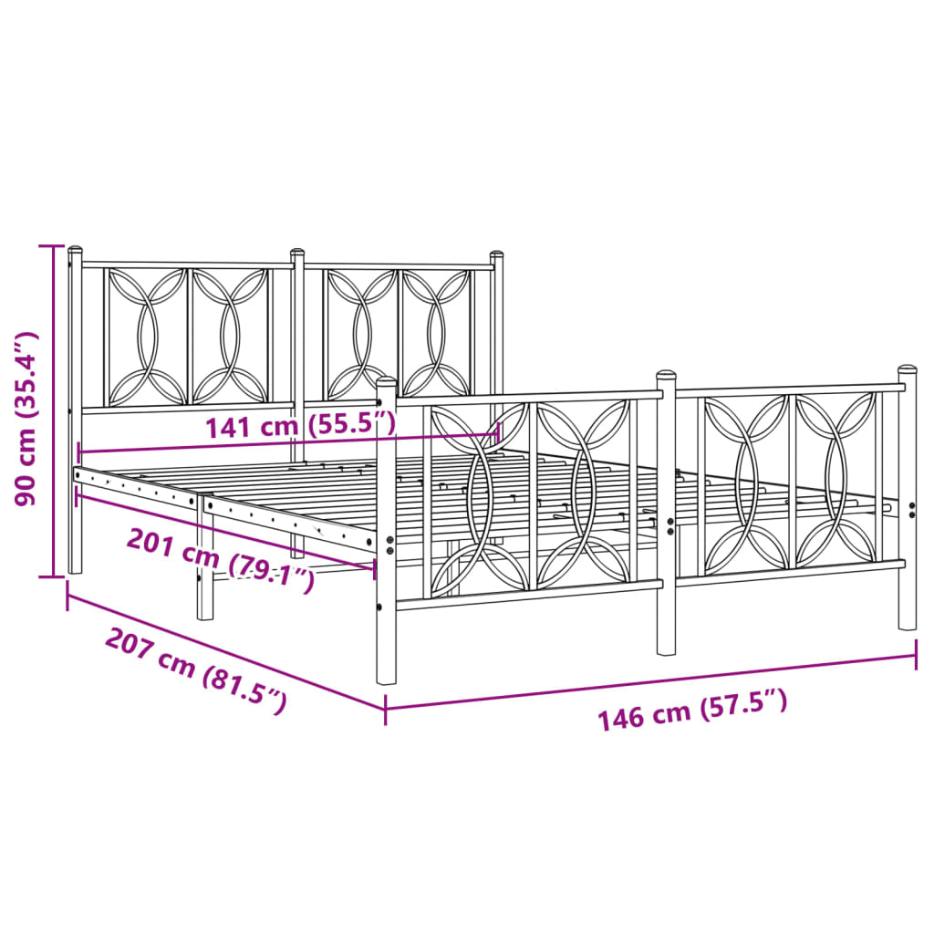 Metal Bed Frame with Headboard and Footboard Black 140x200 cm