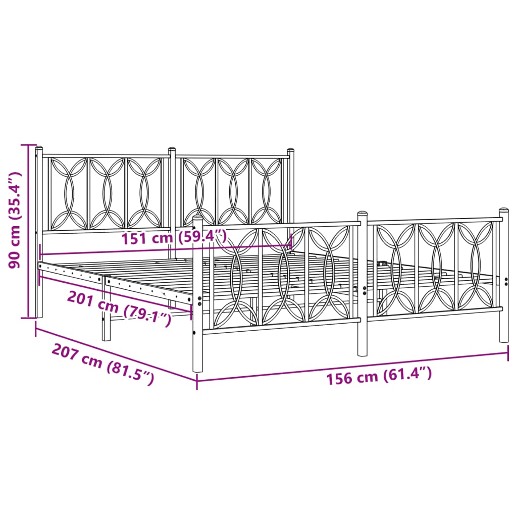 Metal Bed Frame with Headboard and Footboard Black 150x200 cm