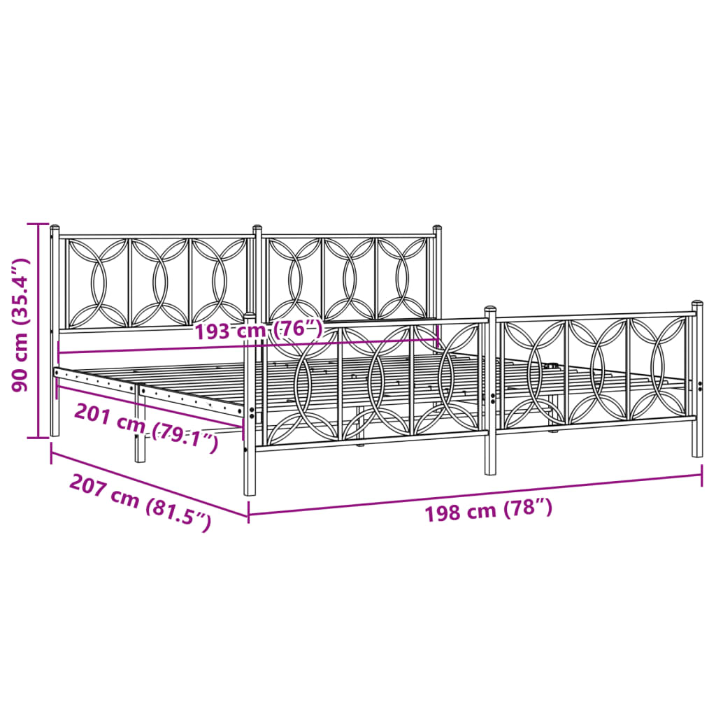 Metal Bed Frame with Headboard and Footboard Black 193x203 cm