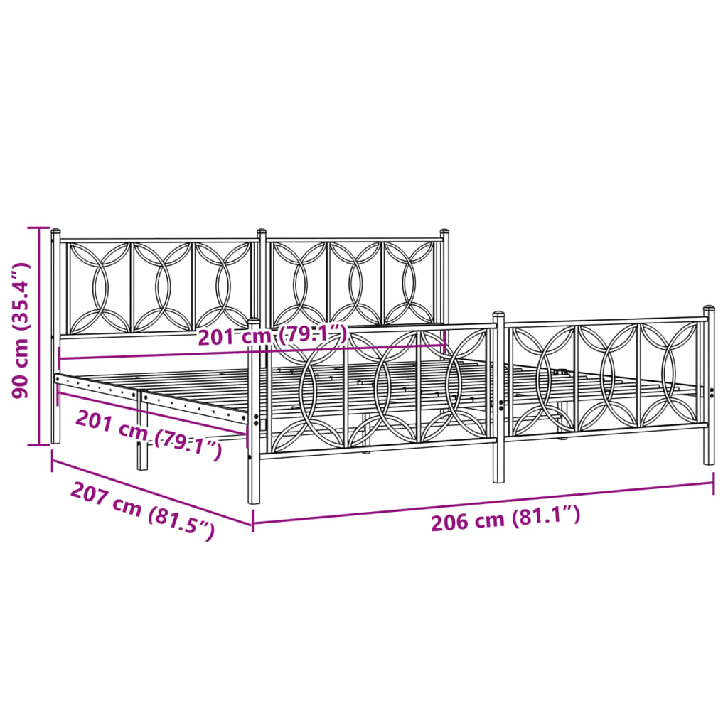 Metal Bed Frame with Headboard and Footboard Black 200x200 cm