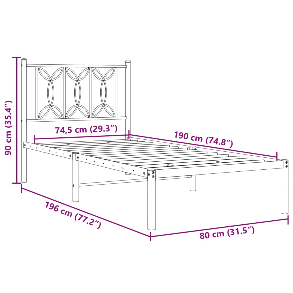 Metal Bed Frame with Headboard White 75x190 cm Small Single