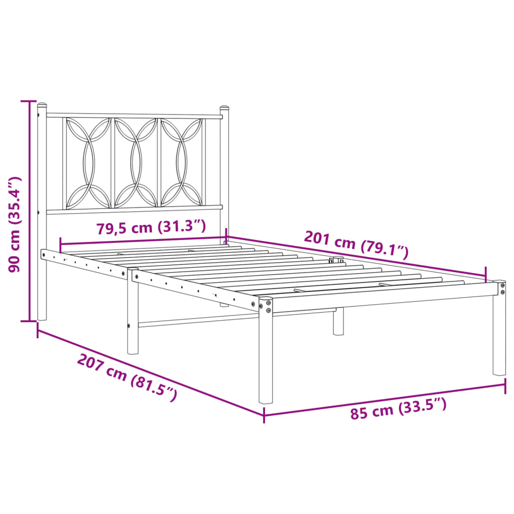 Metal Bed Frame with Headboard White 80x200 cm