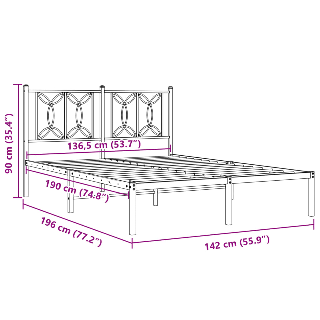 Metal Bed Frame with Headboard White 135x190 cm Double