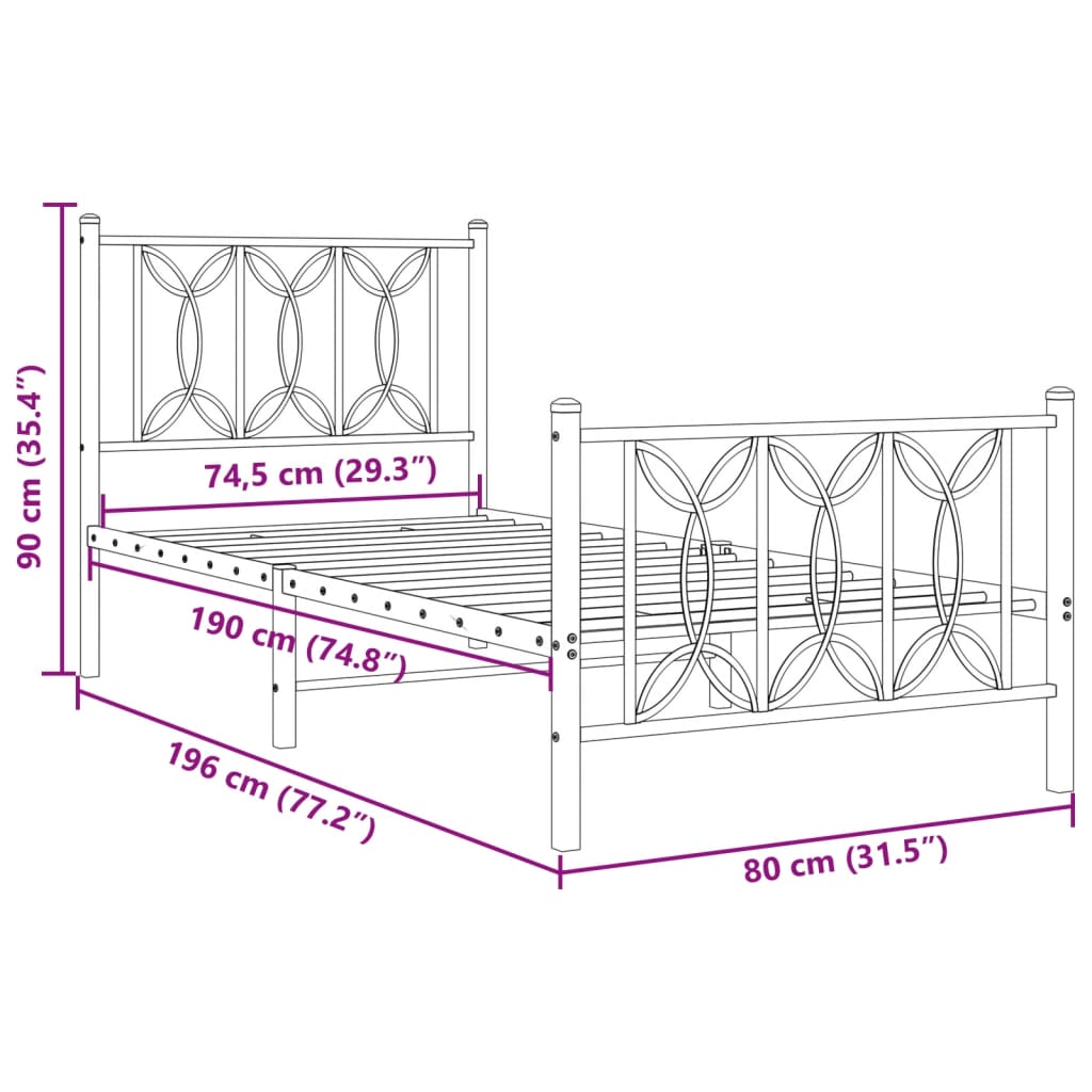 Metal Bed Frame with Headboard and Footboard White 75x190 cm Small Single