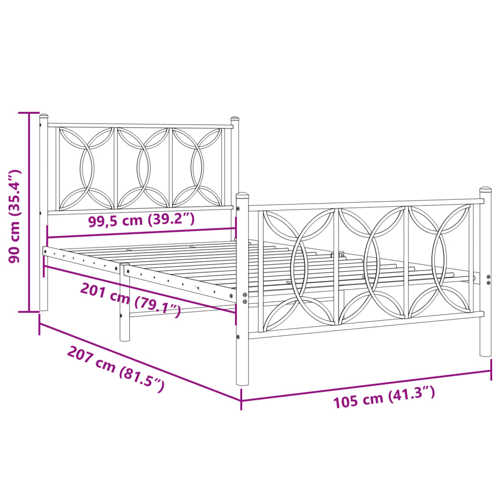 Metal Bed Frame with Headboard and Footboard White 100x200 cm