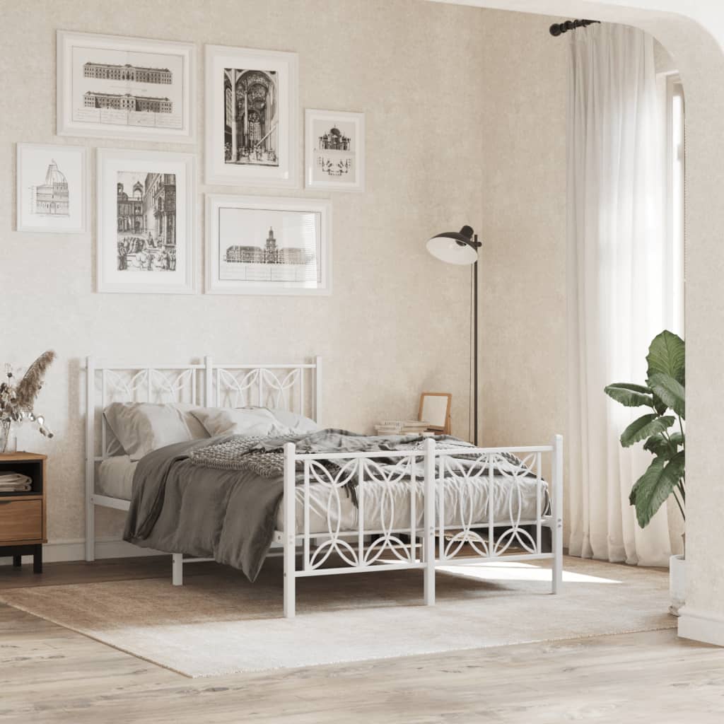 Metal Bed Frame with Headboard and Footboard White 120x190 cm Small Double