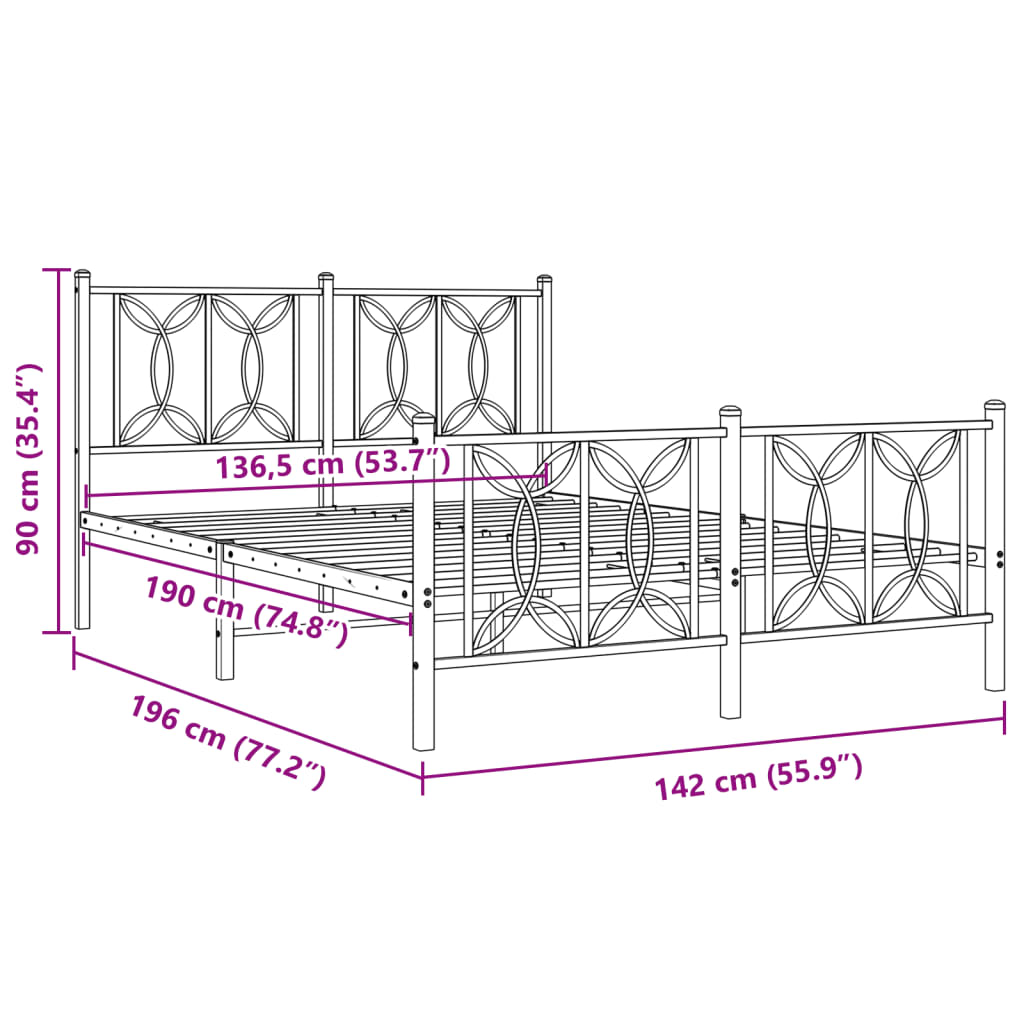 Metal Bed Frame with Headboard and Footboard White 135x190 cm Double