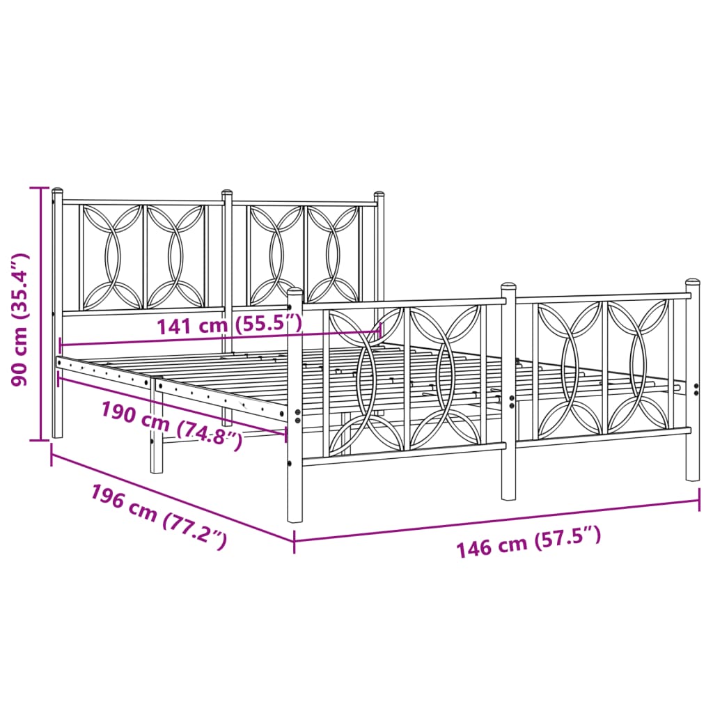 Metal Bed Frame with Headboard and Footboard White 140x190 cm