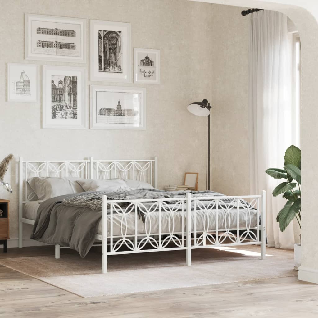 Metal Bed Frame without Mattress with Footboard White 150x200 cm King Size