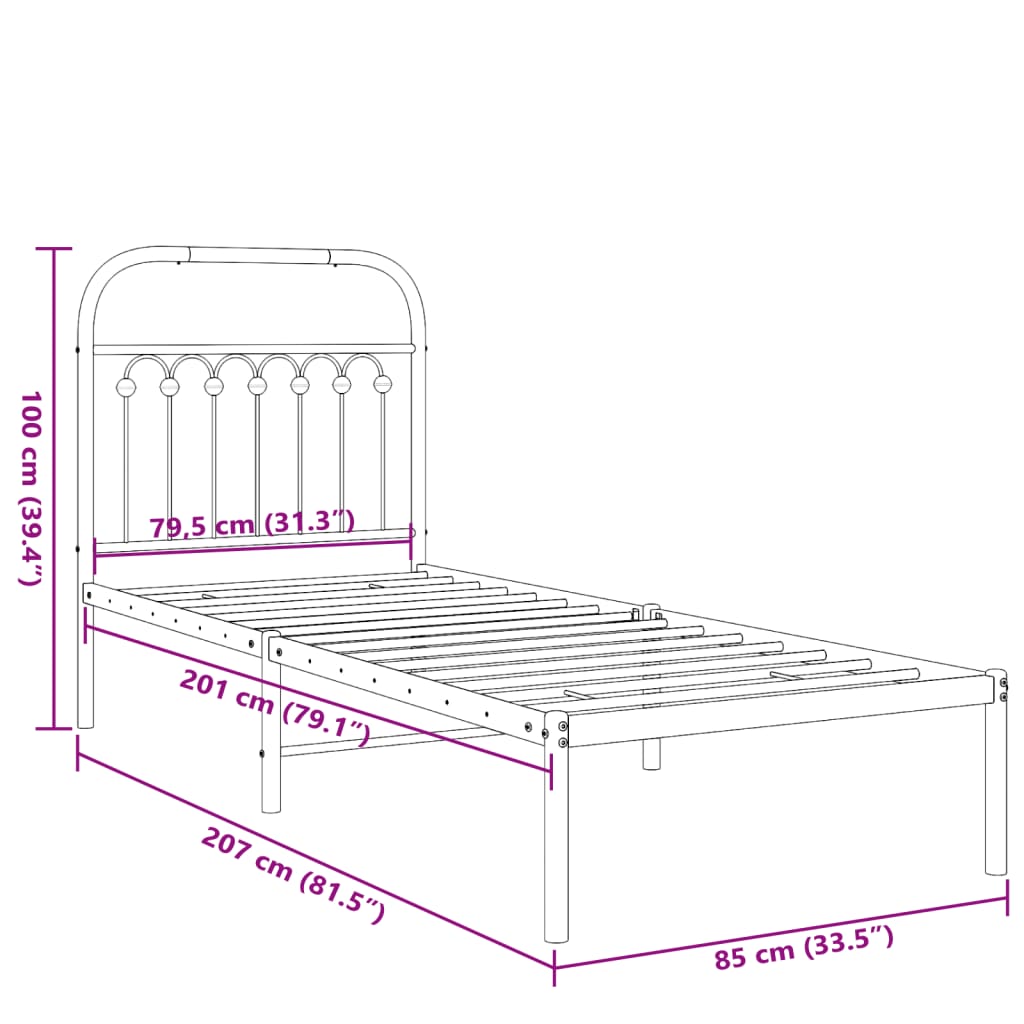 Metal Bed Frame with Headboard Black 80x200 cm