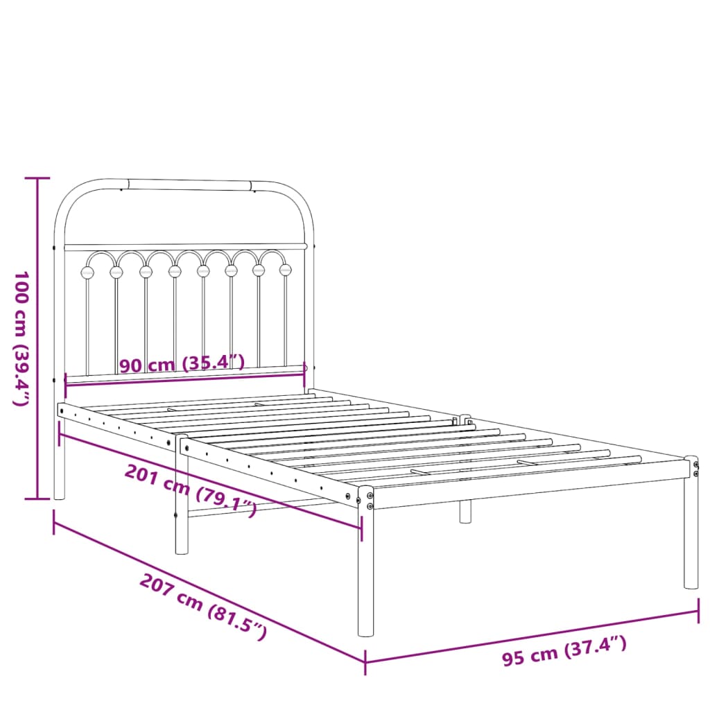 Metal Bed Frame with Headboard Black 90x200 cm