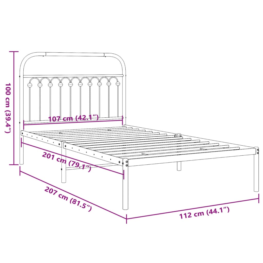 Metal Bed Frame with Headboard Black 107x203 cm