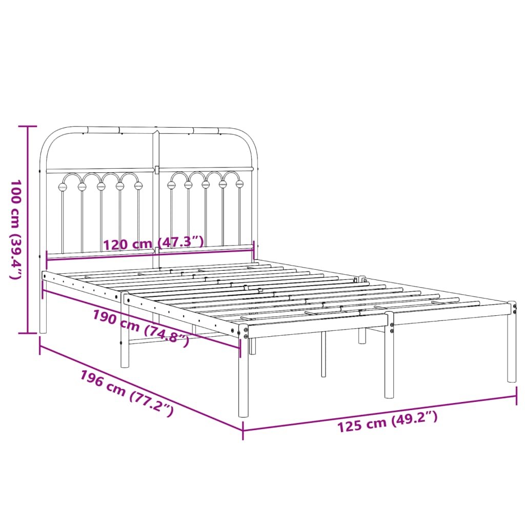 Metal Bed Frame with Headboard Black 120x190 cm Small Double