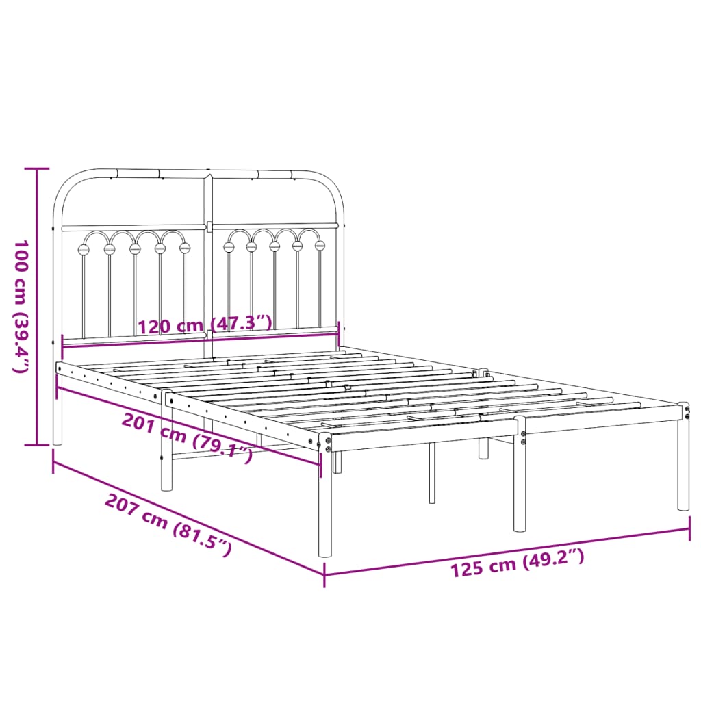 Metal Bed Frame with Headboard Black 120x200 cm