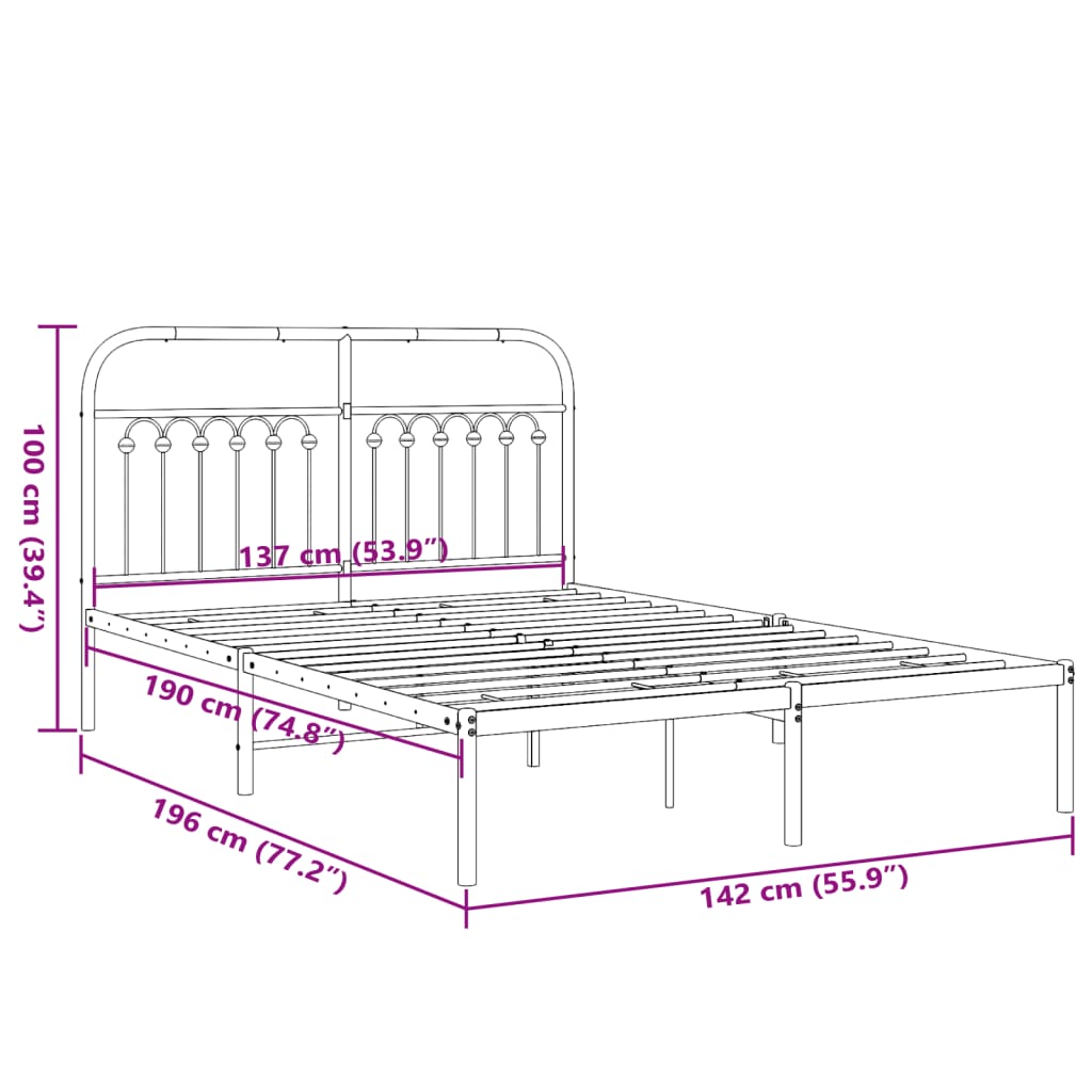 Metal Bed Frame with Headboard Black 135x190 cm Double