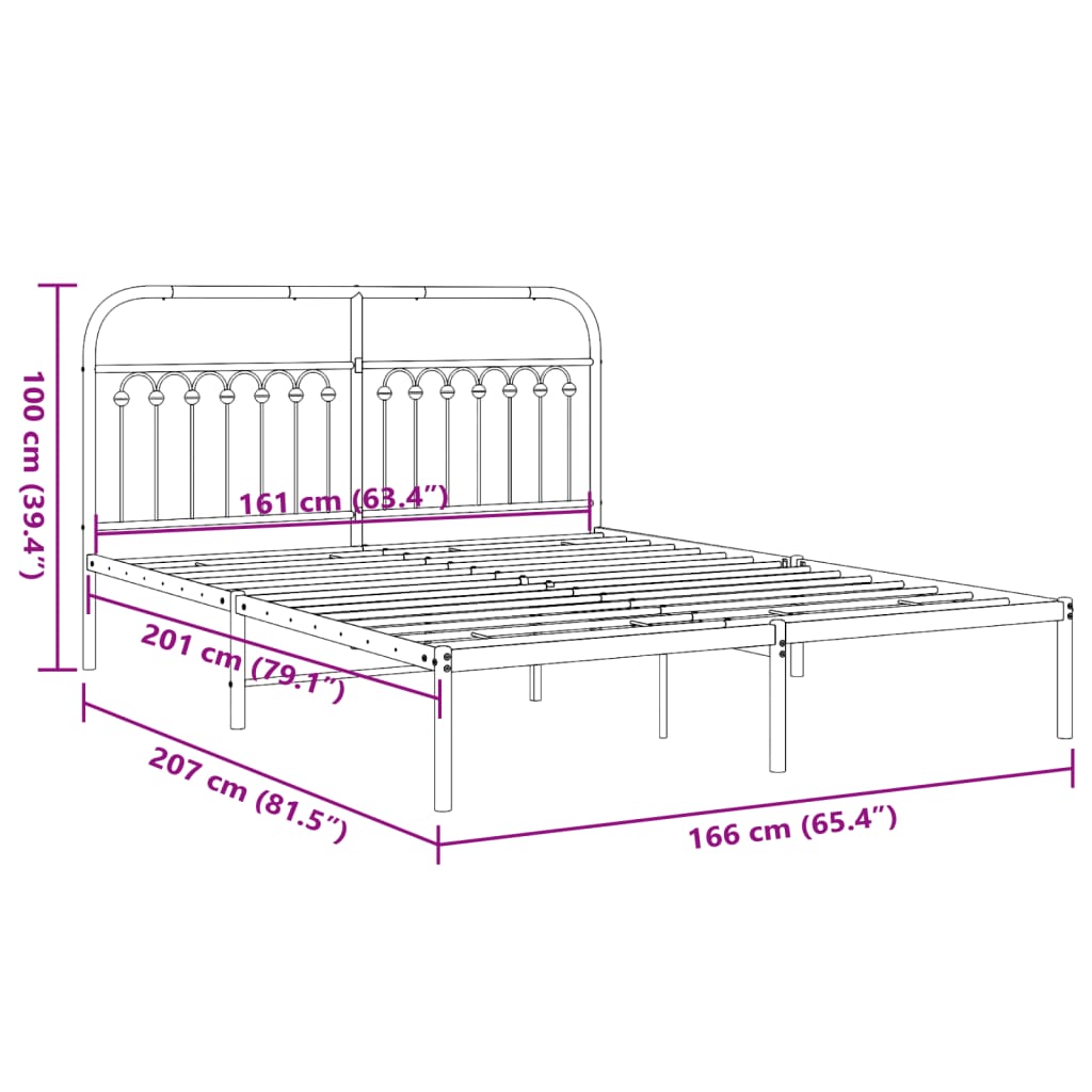 Metal Bed Frame with Headboard Black 160x200 cm