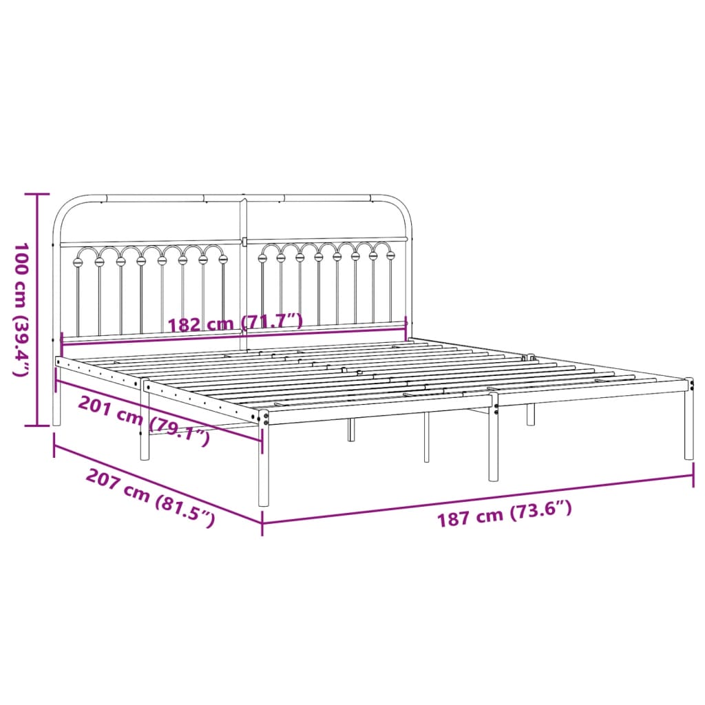 Metal Bed Frame with Headboard Black 183x203 cm