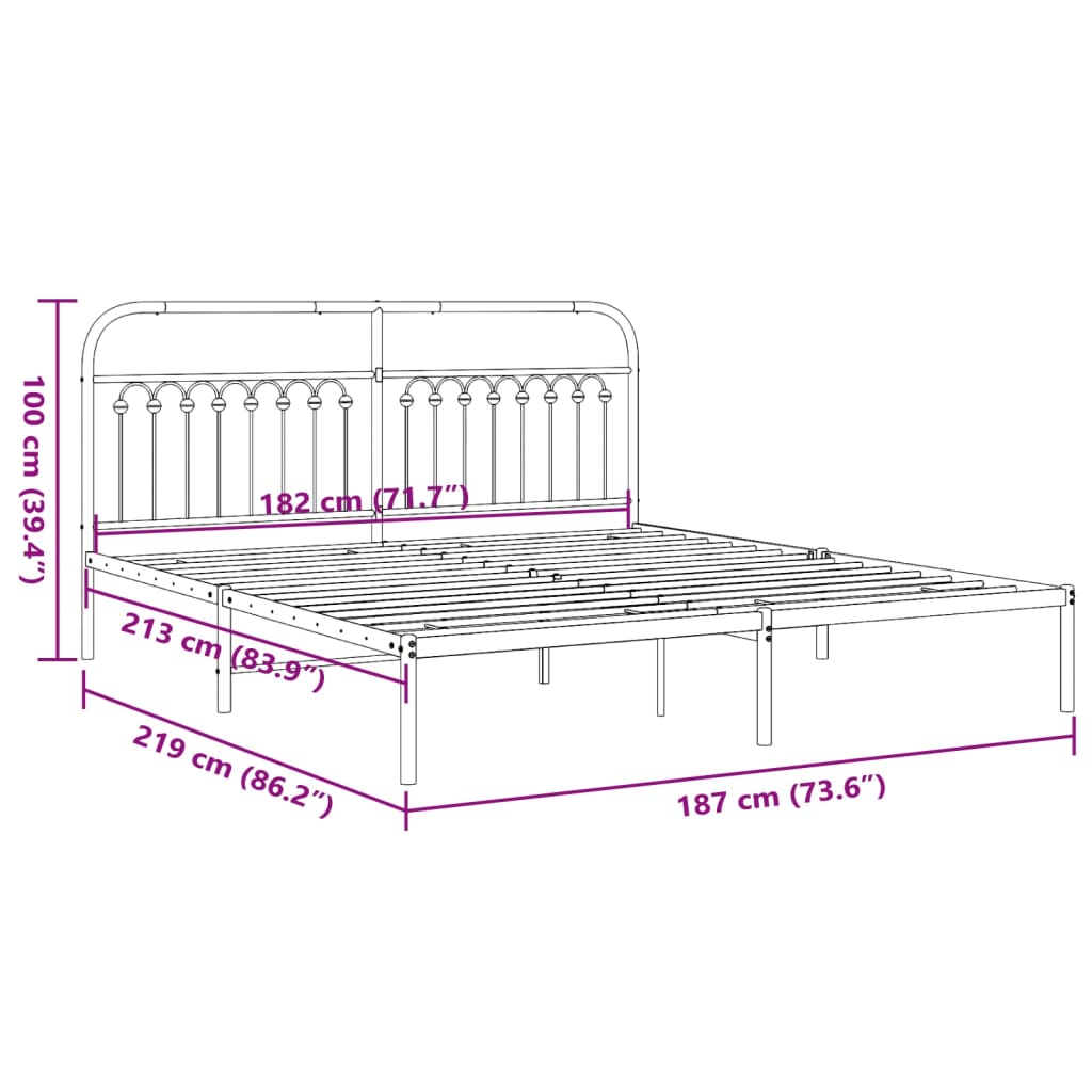 Metal Bed Frame with Headboard Black 183x213 cm