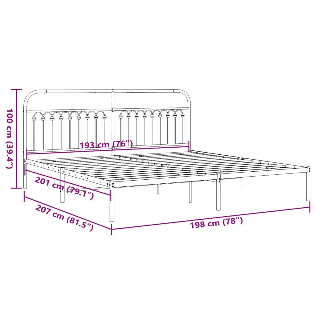 Metal Bed Frame with Headboard Black 193x203 cm