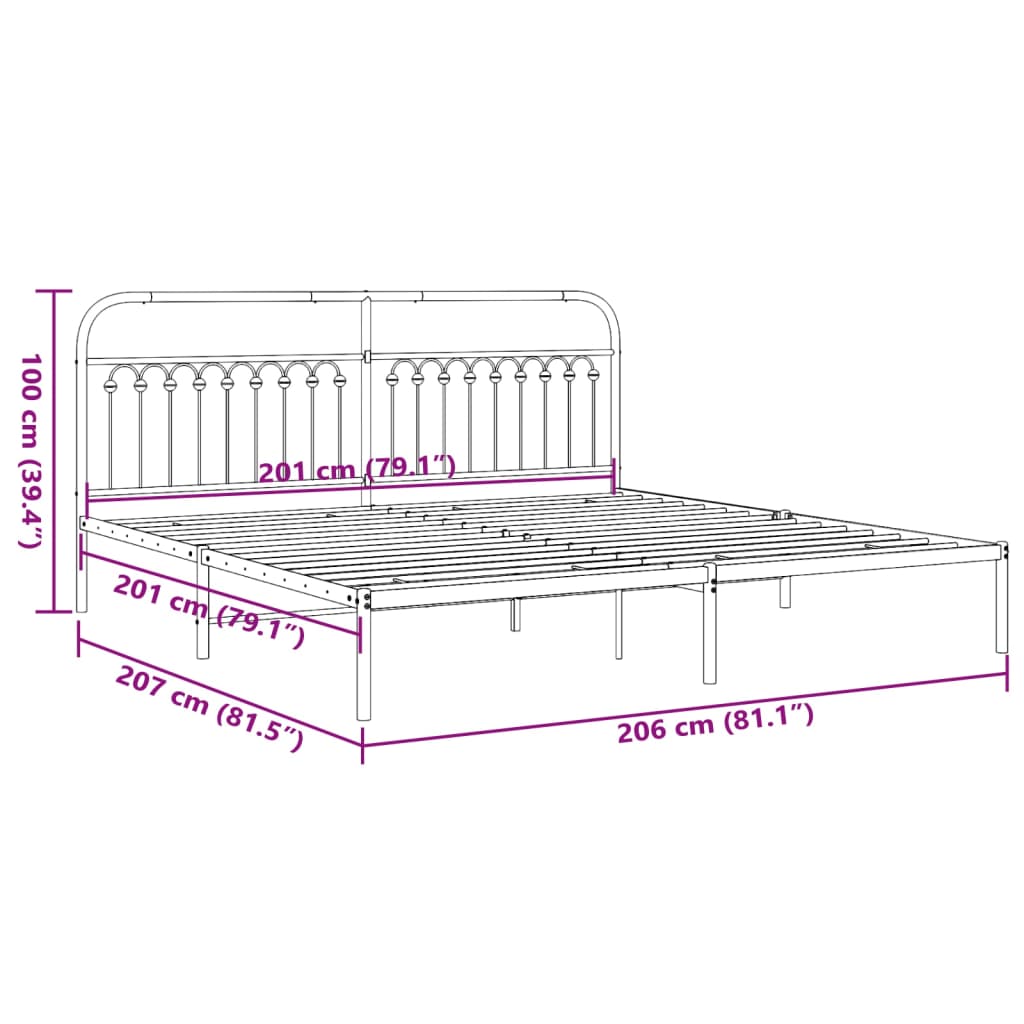 Metal Bed Frame with Headboard Black 200x200 cm