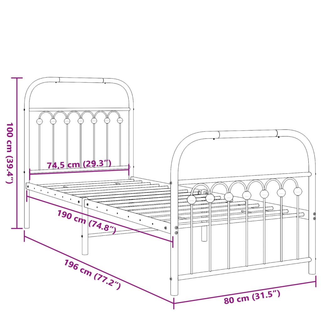 Metal Bed Frame with Headboard and Footboard Black 75x190 cm Small Single