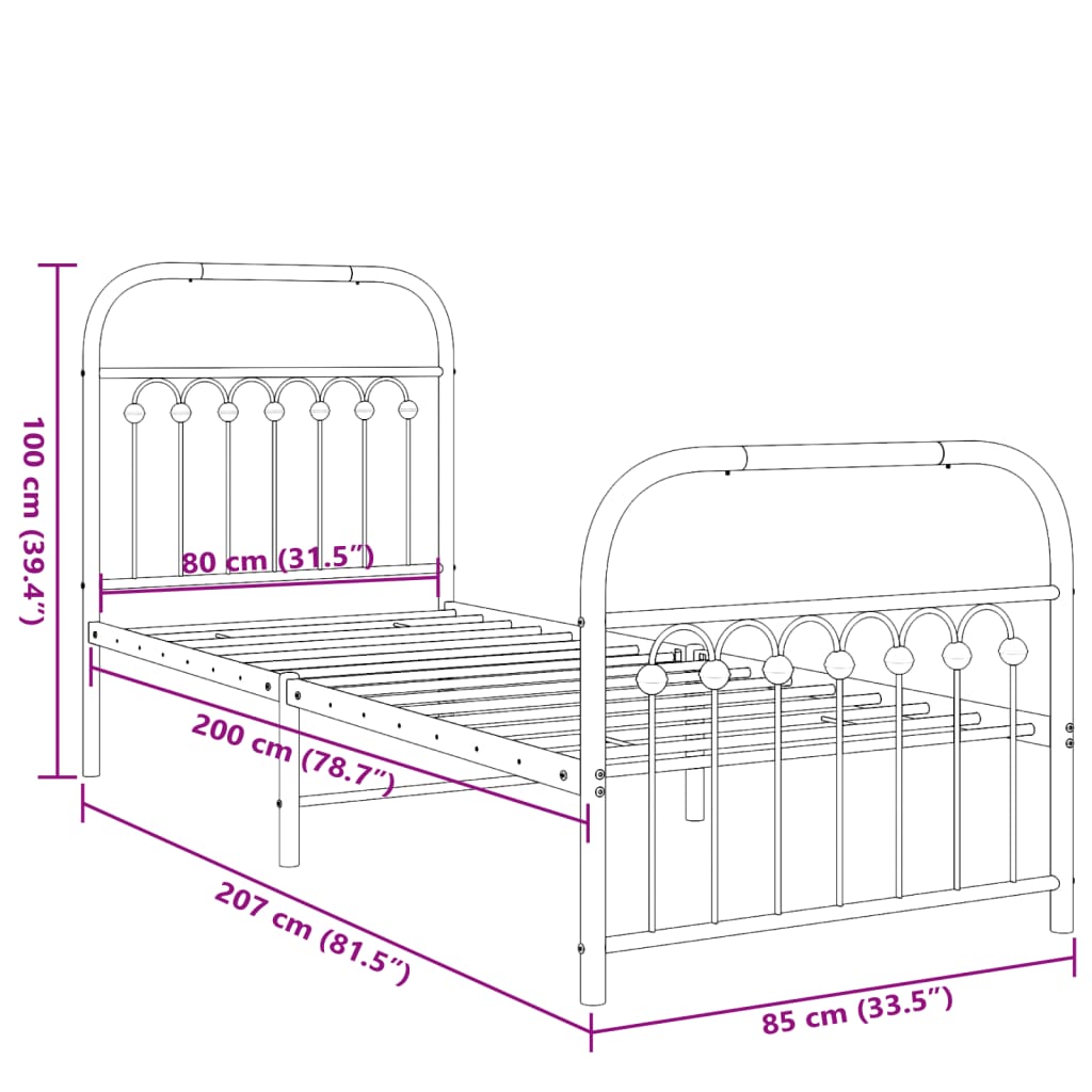 Metal Bed Frame without Mattress with Footboard Black 80x200 cm