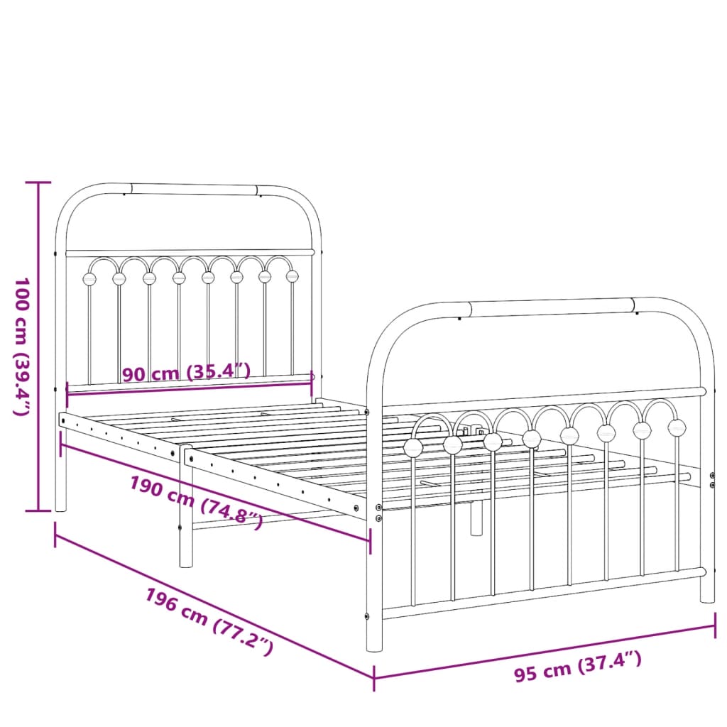 Metal Bed Frame with Headboard and Footboard Black 90x190 cm Single