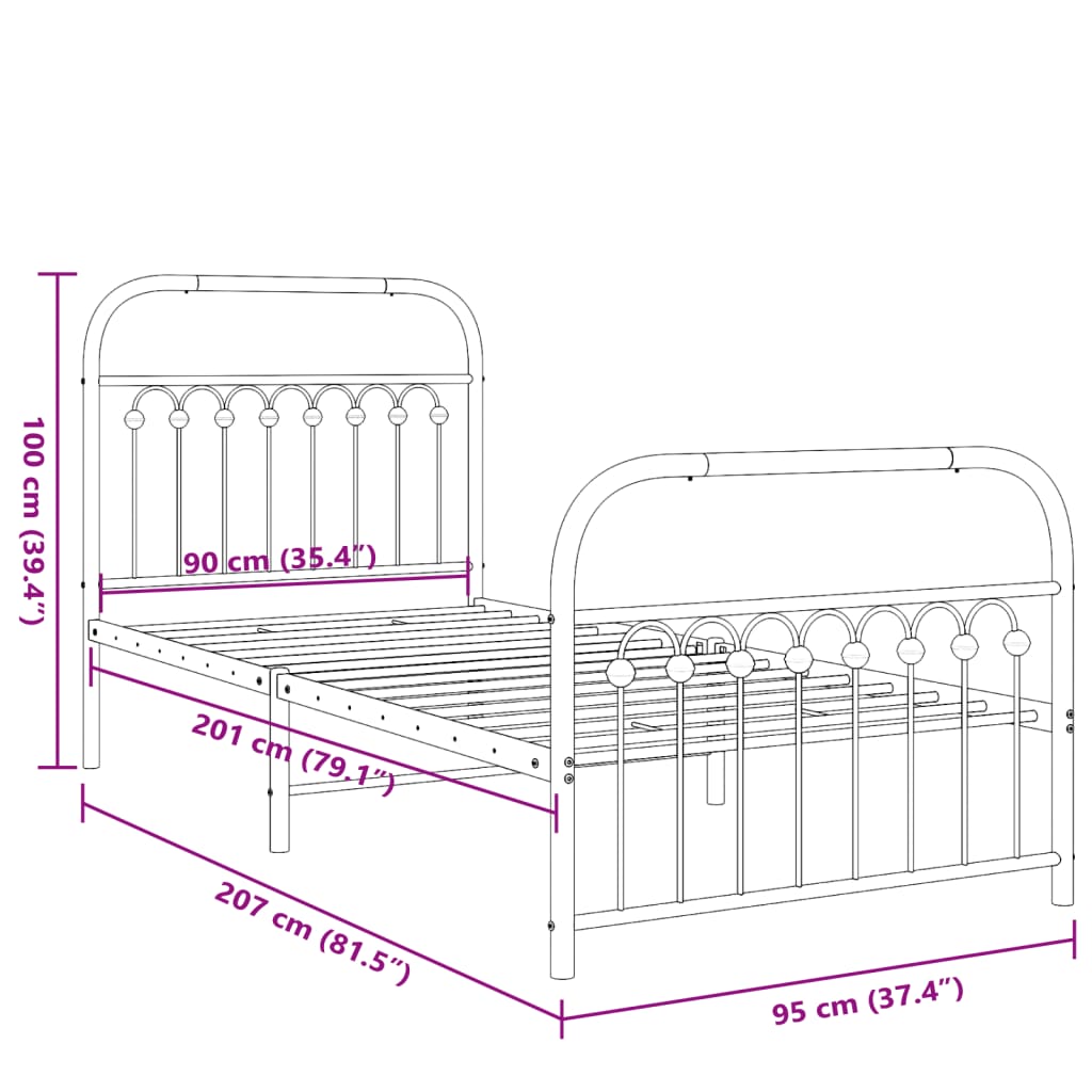 Metal Bed Frame with Headboard and Footboard Black 90x200 cm