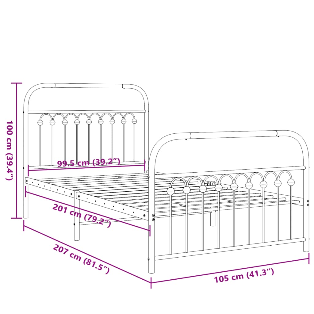 Metal Bed Frame with Headboard and Footboard Black 100x200 cm