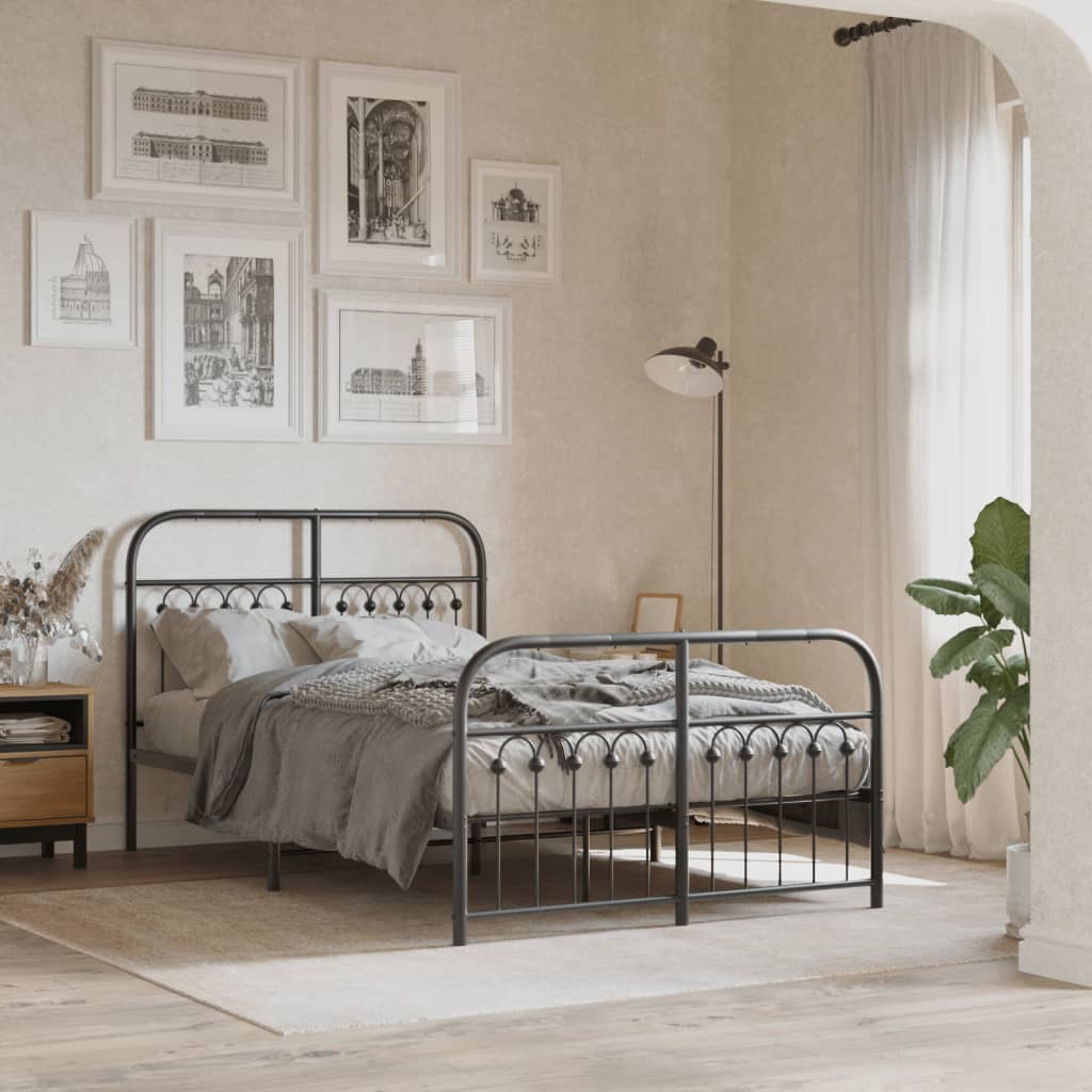 Metal Bed Frame with Headboard and Footboard Black 120x190 cm Small Double