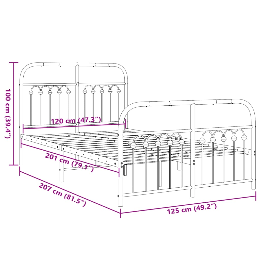 Metal Bed Frame with Headboard and Footboard Black 120x200 cm