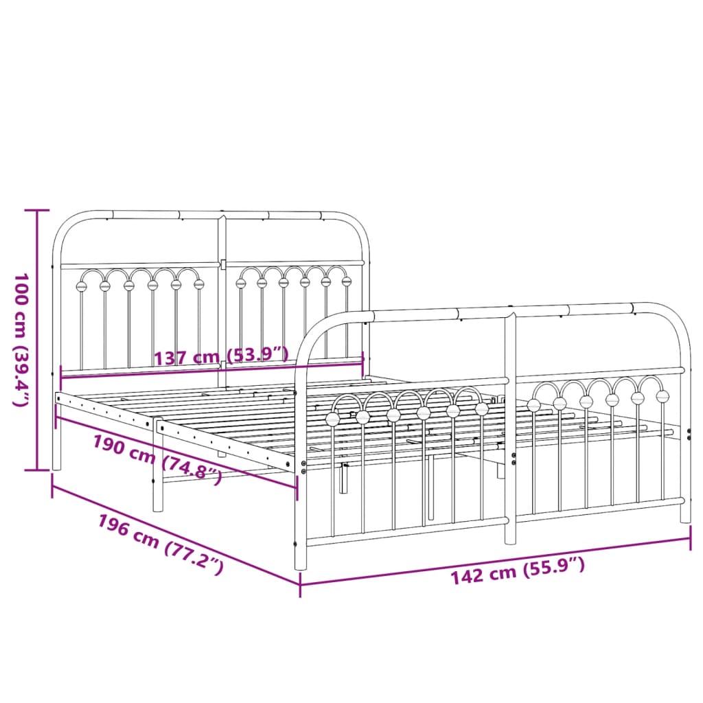 Metal Bed Frame with Headboard and Footboard Black 137x190 cm