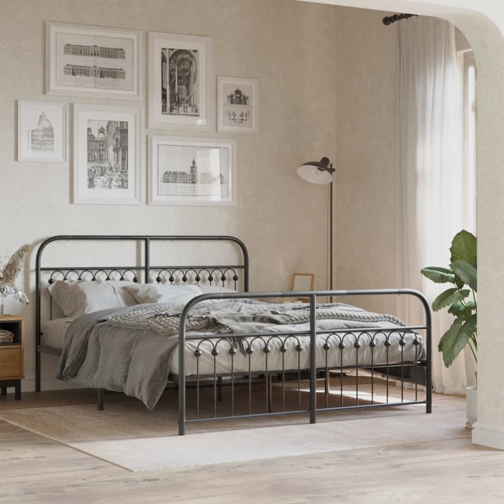 Metal Bed Frame with Headboard and Footboard Black 150x200 cm King Size