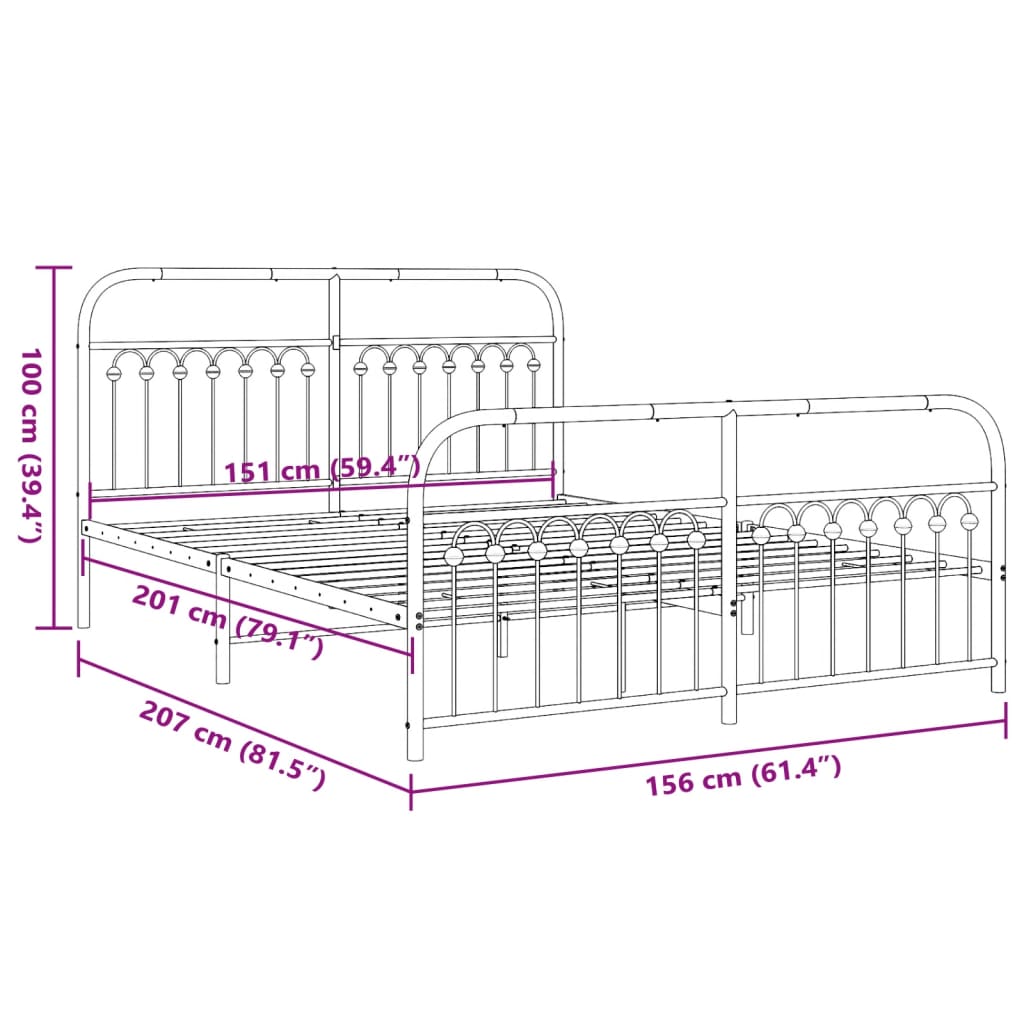 Metal Bed Frame with Headboard and Footboard Black 150x200 cm King Size